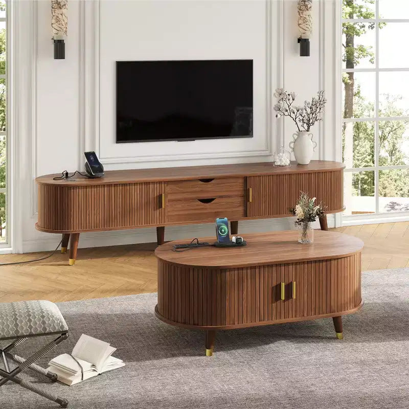 CLIHOME Wooden Farmhouse TV Stand & Coffee Table Set with Charging Station, Oval Fluted Media Console for TVs up to 80