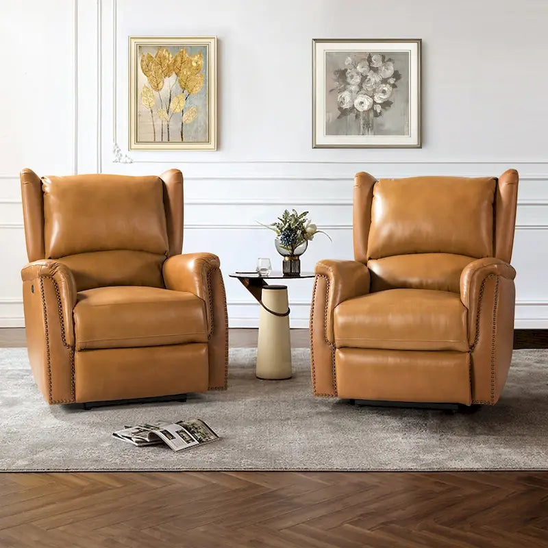 Genuine Leather Power Recliner with USB Port – Wingback Nailhead Set of 2