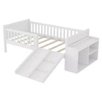 Whisen Twin Size Low Loft Bed Frame for Kids with Slide, Movable Bookshelf Storage, Guardrails, Low Loft Bed Frame