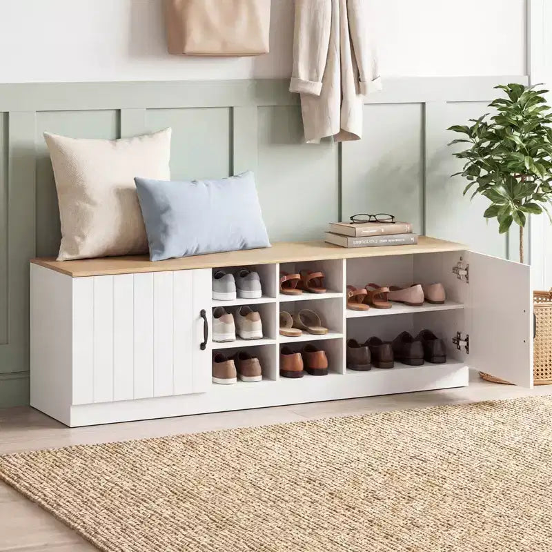2-Door Shoe Bench wirh Adjustable Shelves Hidden Storage Space Natural + White/Whi5te
