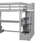 Twin Size Loft Bed with Desk and Shelves, Two Built-in Drawers, Storage Staircase