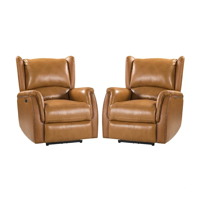 Genuine Leather Power Recliner with USB Port – Wingback Nailhead Set of 2
