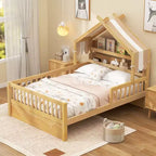 ModernLuxe Twin/Full Size Wooden House Bed with Storage Headboard, Solid Pine Kids Bed Frame with Guardrails