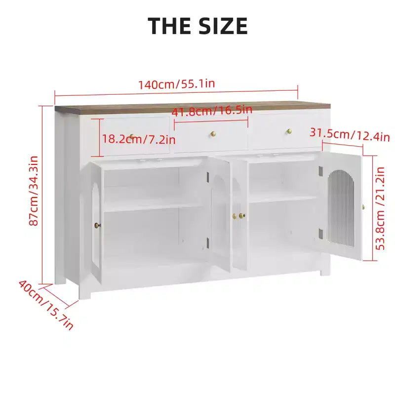 55 Inch Storage Cabinet Dining Narrow Buffet Sideboard Cabinet with 3 Drawers and 4 Doors for Kitchen, Dining Room, Living Room