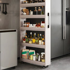 Buffet en bois moderne avec étagères ouvertes et roulettes
