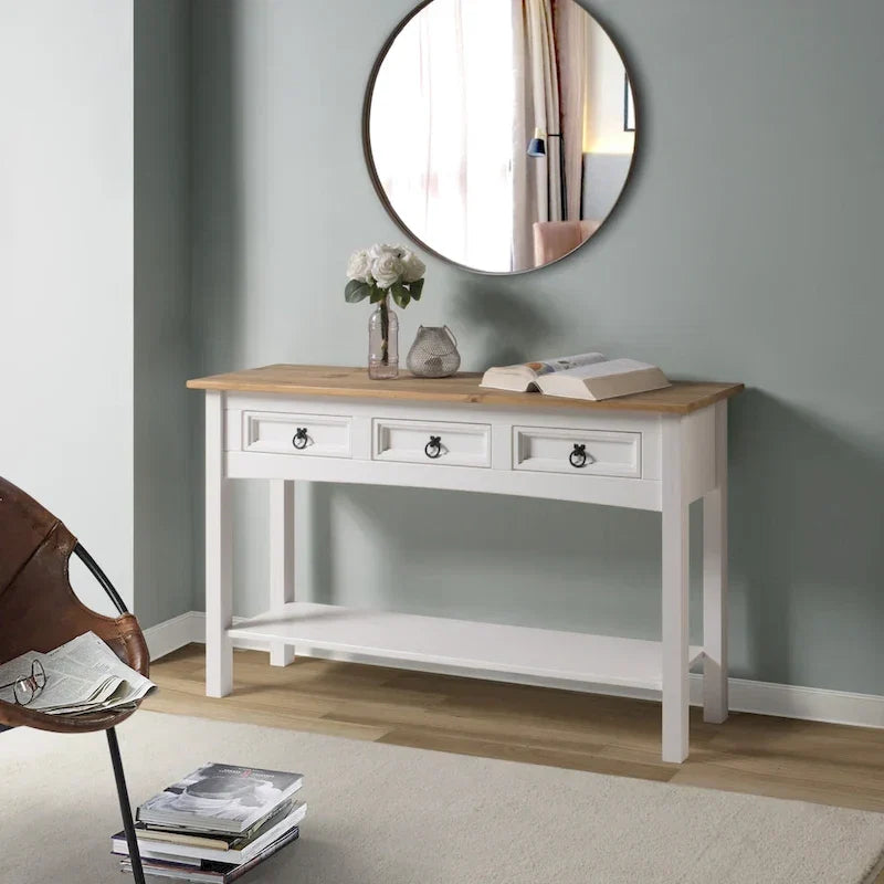 Rustic Solid Pine Console Hall Table, White Wash / Antique Brown / Gray Wash / Unpainted, 3 Drawers