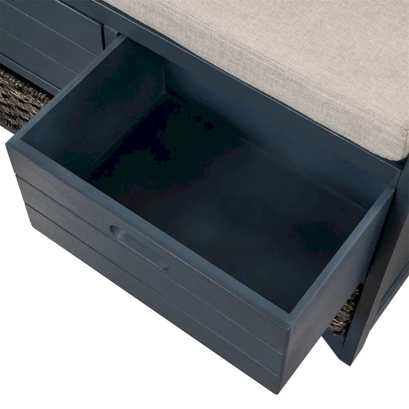 Wood Storage Bench with 2 Woven Baskets