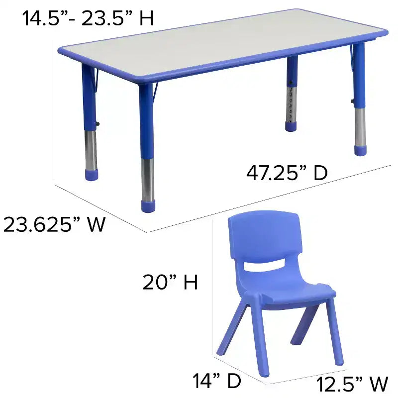 Emma and Oliver 23.625W x 47.25L Rectangular Plastic Height Adjustable Activity Table Set with 6 Chairs