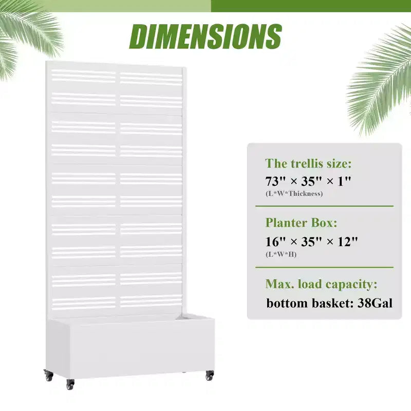 MAYEERTY White Wrought Iron Rectangular Planter with Trellis (Harold Wide-Narrow B Louvered), 72x35x16, 5-Piece Indoor Outdoor Garden Decor