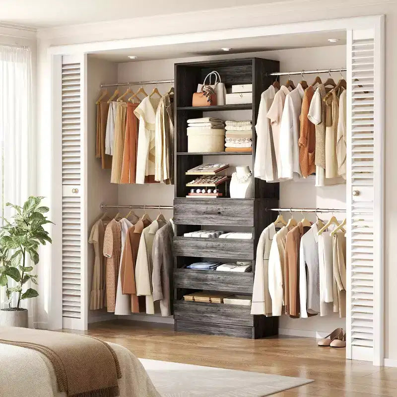 Besiost 4-9 Ft Wooden Closet Organizer System with 4 Drawers, 4 Hanging Rods & Shelving Towers