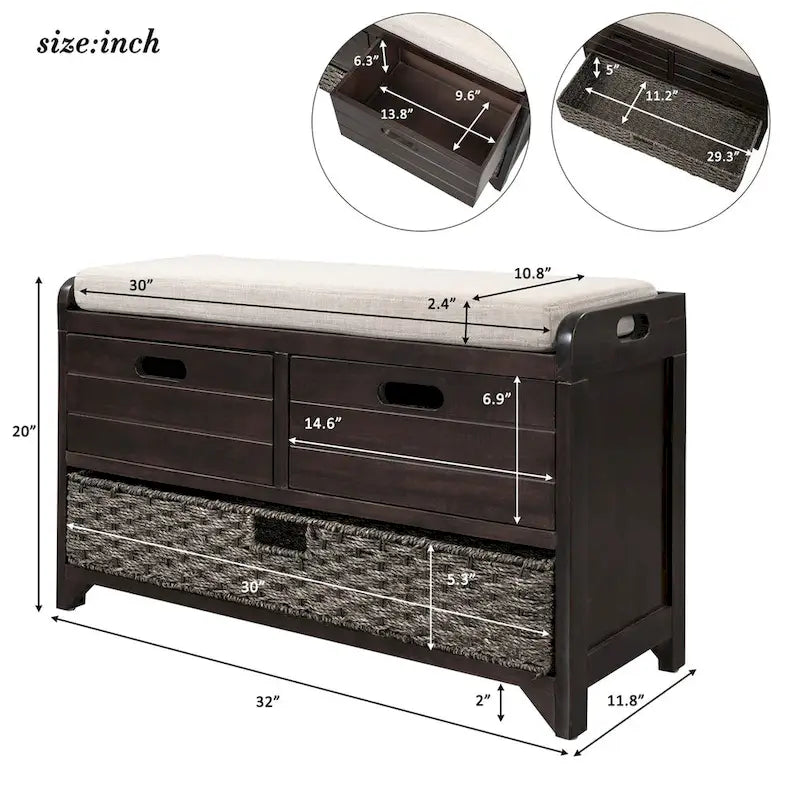 Wood Storage Bench with 2 Woven Baskets
