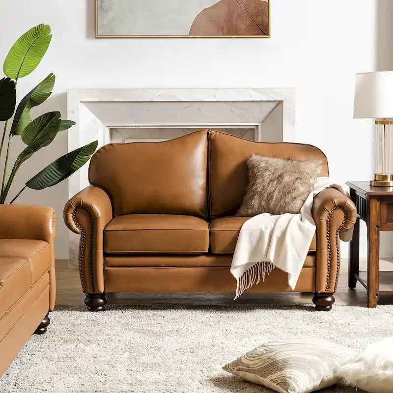 Transitional Genuine Leather Sofa With Tufted Back