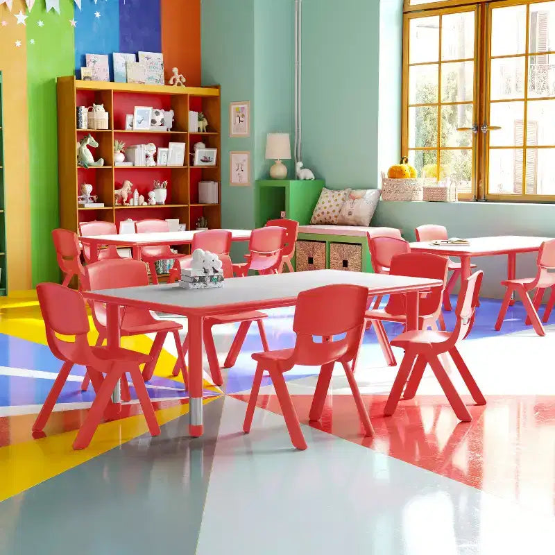 Emma and Oliver 23.625W x 47.25L Rectangular Plastic Height Adjustable Activity Table Set with 6 Chairs