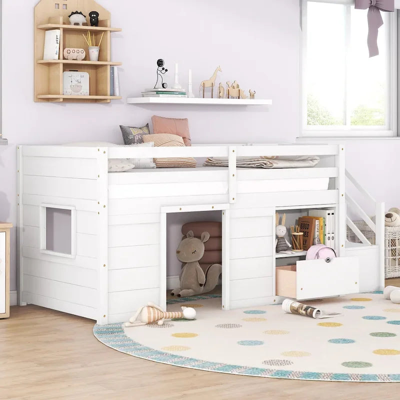 TWIN BED, SOLID WOOD TWIN SIZE LOW LOFT BED WITH STAIR, DRAWER, AND SHELF OF GREY COLOR