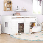 TWIN BED, SOLID WOOD TWIN SIZE LOW LOFT BED WITH STAIR, DRAWER, AND SHELF OF GREY COLOR