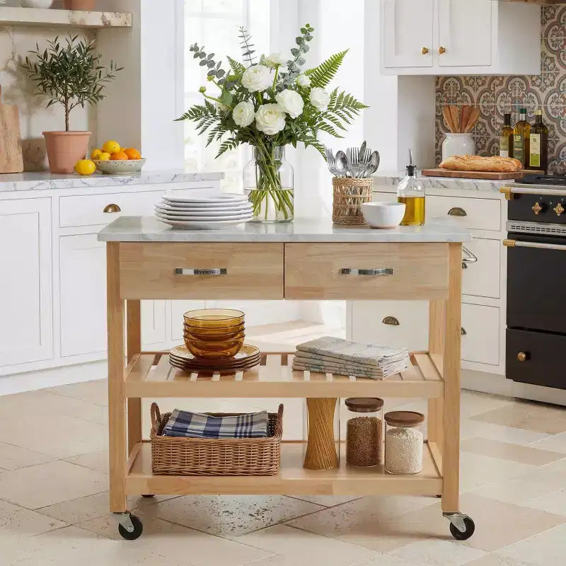 Rolling Kitchen Cart with Marble Top Solid Wood Kitchen Island Cart with 2 Drawers 3-Tier Kitchen Trolley with Lockable Detachable Wheels & Towel Rack