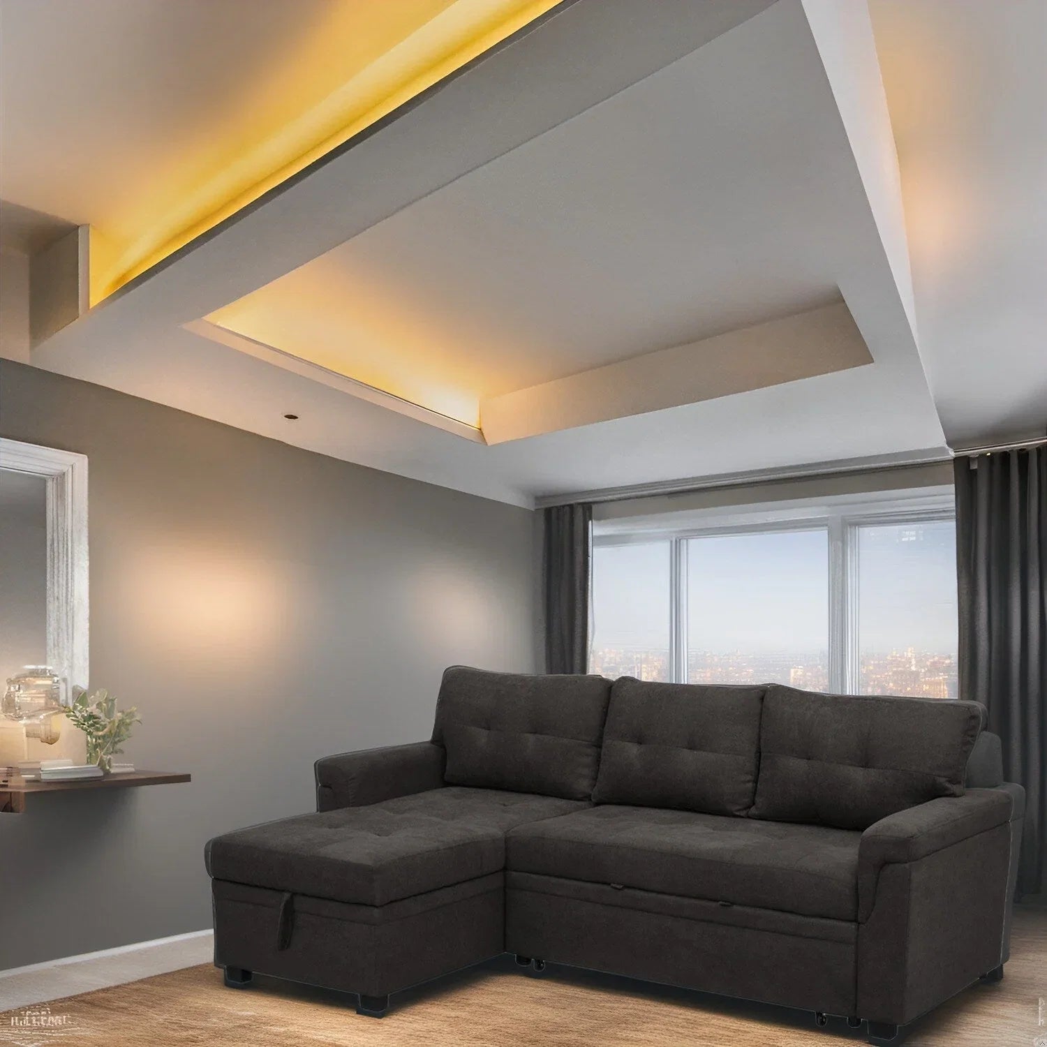 Reversible Sectional Sofa with Pull-Out Sleeper Bed, Hidden Storage Chaise, Durable Legs,