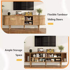 AMERLIFE 70 TV Stand with Solid Wood Legs, Mid Century Modern TV Console with Tambour Door