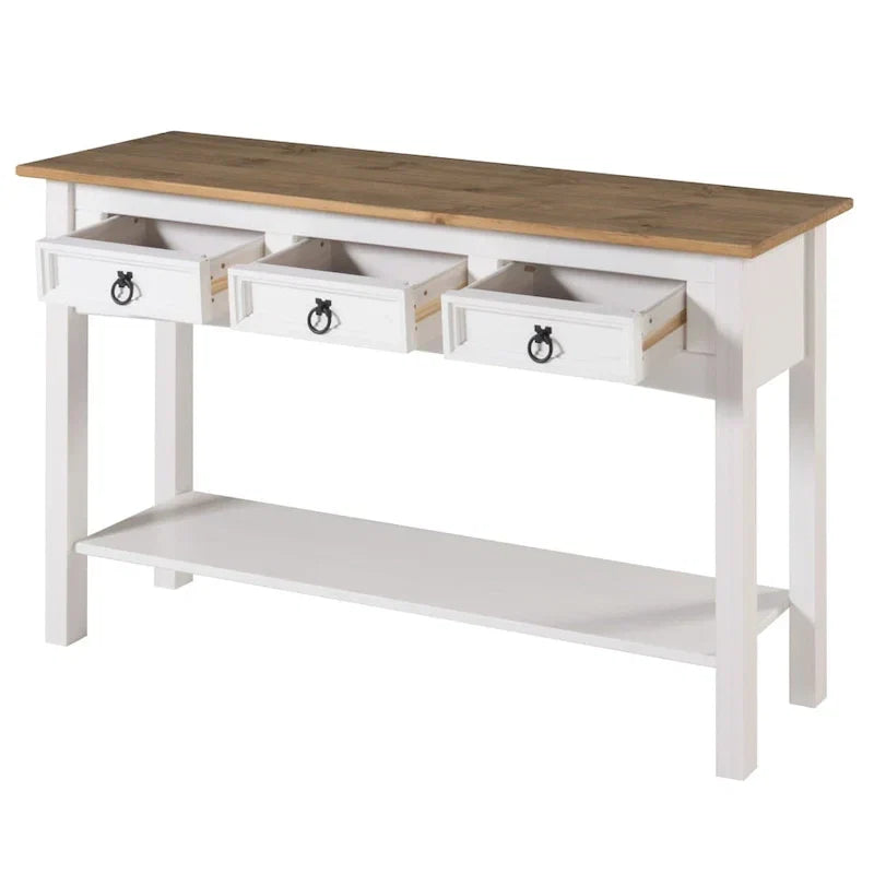 Rustic Solid Pine Console Hall Table, White Wash / Antique Brown / Gray Wash / Unpainted, 3 Drawers
