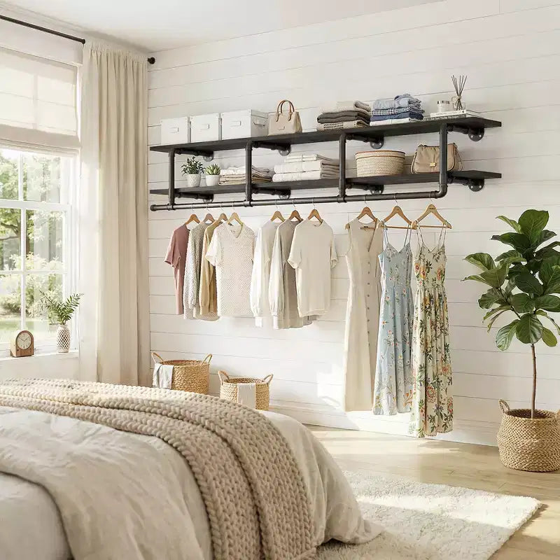 Besiost 2-Tier Clothing Rack with Hanging Rod, Clothing Shelves with Top Shelf
