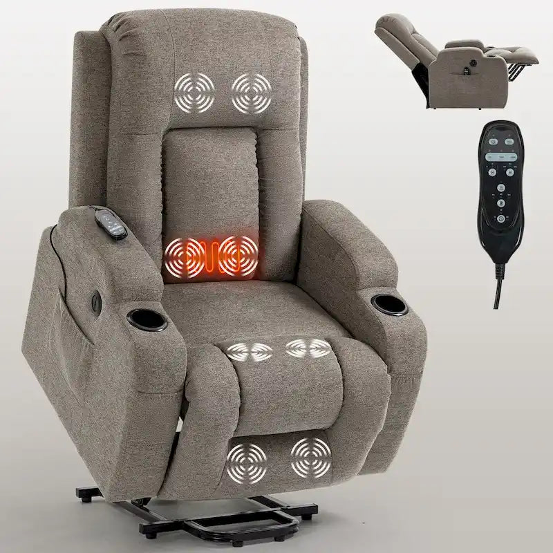 Power Lift Recliner Chair, Modern Single Motor Massage Sofa Chair with Lumbar Heating, USB Charging Port, Cup Holders
