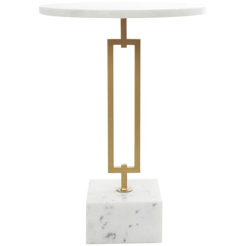 Marble Geometric Side End Accent Table with Gold Metal Rectangular Stand - White