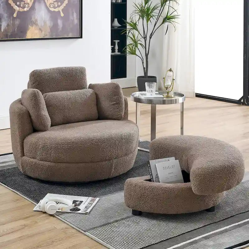 Oversized Swivel Cuddle Barrel Chair with moon storage ottoman