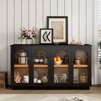 4-Door Large Storage Buffet Cabinet with Glass Doors, Arched Cabinet with Adjustable Shelves for Kitchen