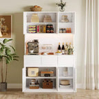 71 inch Kitchen Pantry Cabinet, Hutch Storage with Led Lights and Power Outlets, Buffet Cabinet with Microwave Stand, Adjustable Shelves