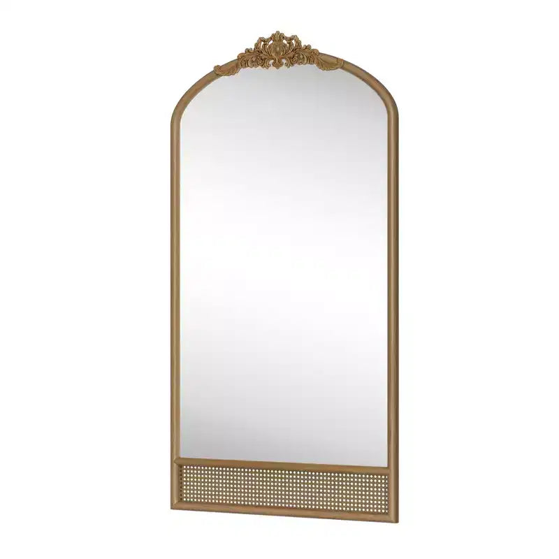37 in. W x 71 in. H Classic Carved Arch Wood Frame with Rattan Bottom Wall Mirror in Brown