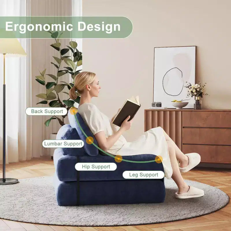 Full Corduroy Folding Sofa Bed Futon, Floor Convertible Sleeper Chair with Pillow & Back Support
