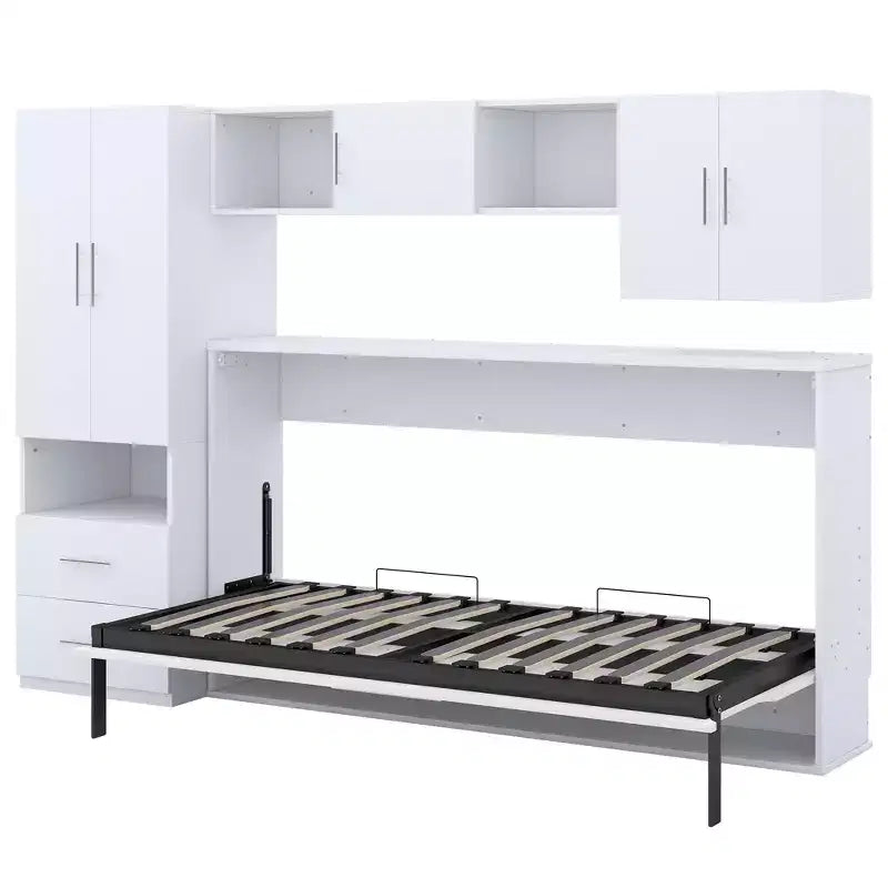 Twin Size Murphy Bed Wall Bed Frame, Wood Cabinet Bed with Built-in Wardrobe, Storage Drawers and Open Shelves, White -ModernLuxe