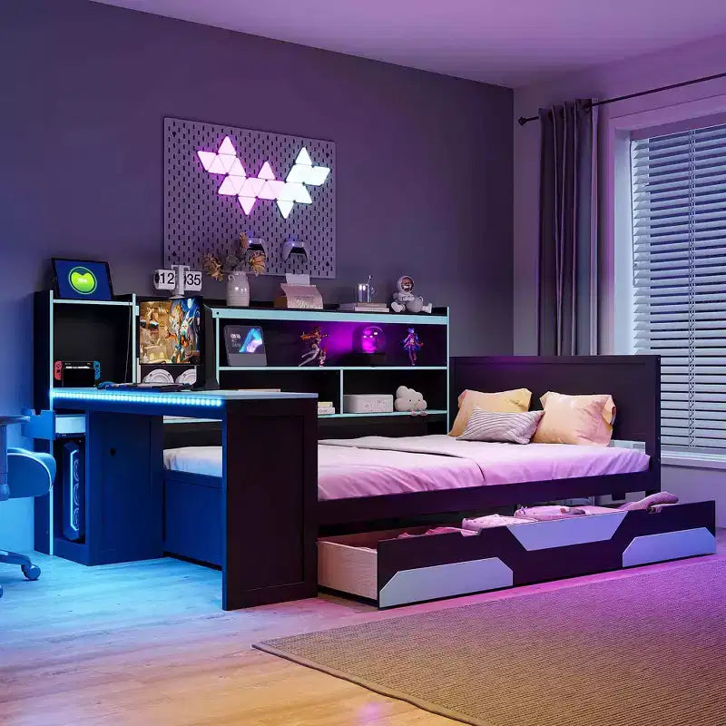 Full/Queen Gaming Daybed with Bookcase Headboard, LED Lights, Integrated Desk, Drawers and Charging Station