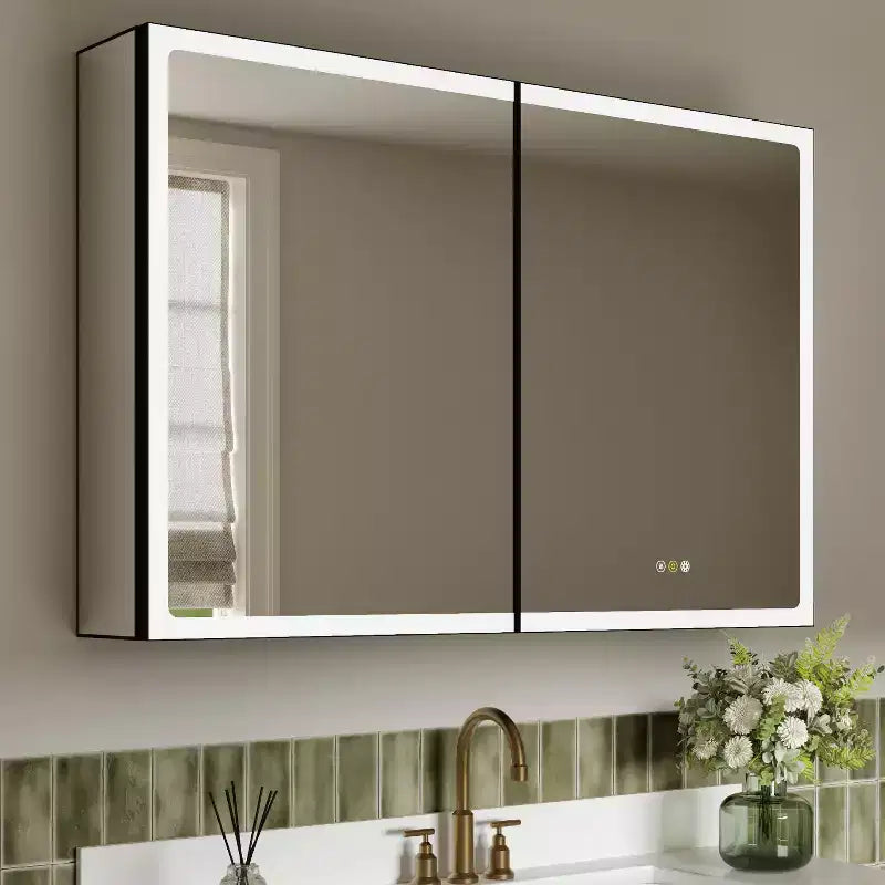 Bathroom Medicine Cabinet with LED Mirror, Surface or Recessed Mount, Dimmable Light, Anti-Fog, Adjustable Shelving