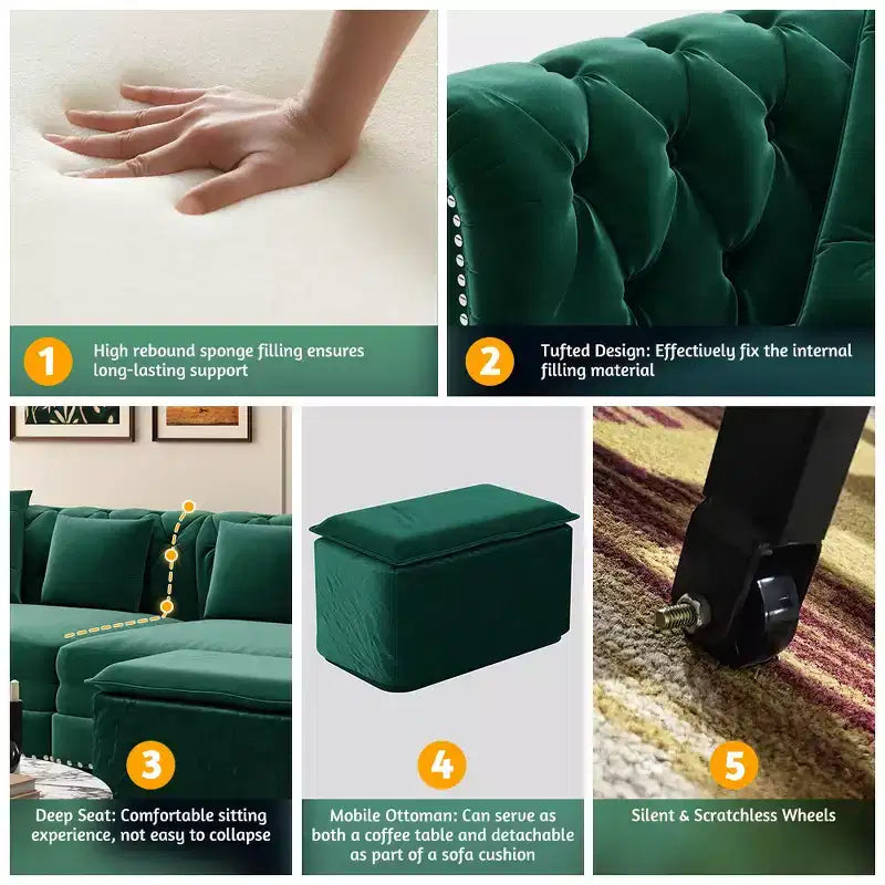 Whisen Velvet 3-in-1 King Size Pull-Out Sofa Bed & Convertible Sleeper Sofa with Movable Ottoman, Tufted Design