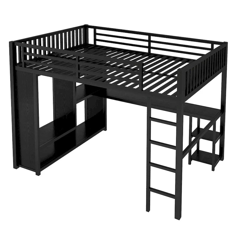 Full XL Size Loft Bed Frame with Built-in Wardrobe