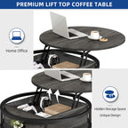Table basse ronde relevable Moasis Farmhouse avec rangement dissimulé et étagère