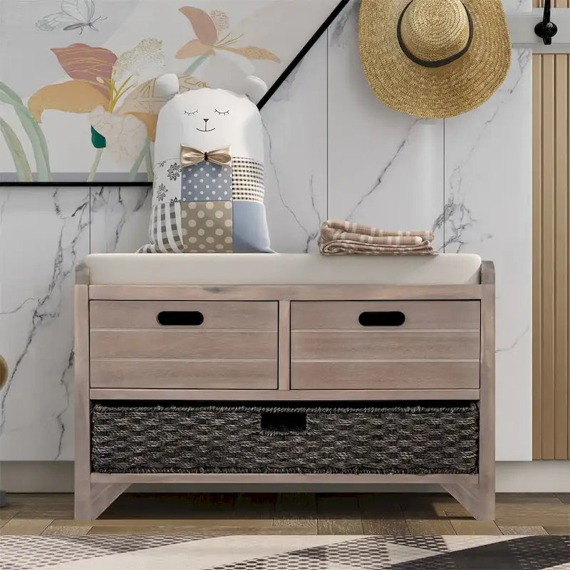 Wood Storage Bench with 2 Woven Baskets
