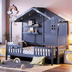 Twin Size House Bed with Storage Shelves and Rails, Wood Kids Montessori Bed Frame with Window and Sparkling Light Strip
