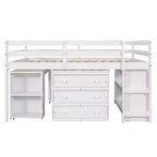 Full Size Low Loft Bed with Rolling Desk, 3 Drawers and Shelves