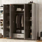 Wood 4-Door Wardrobe Armoire with Hanging Rod, 1-Drawer and Storage Shelves