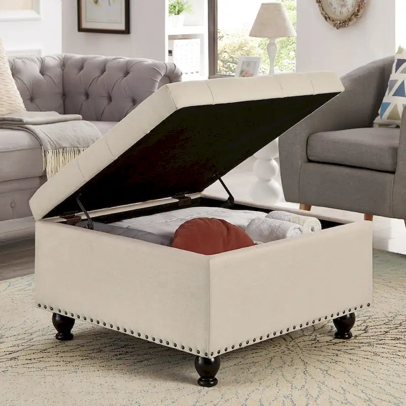 Large Square Storage Ottoman with Wooden Legs