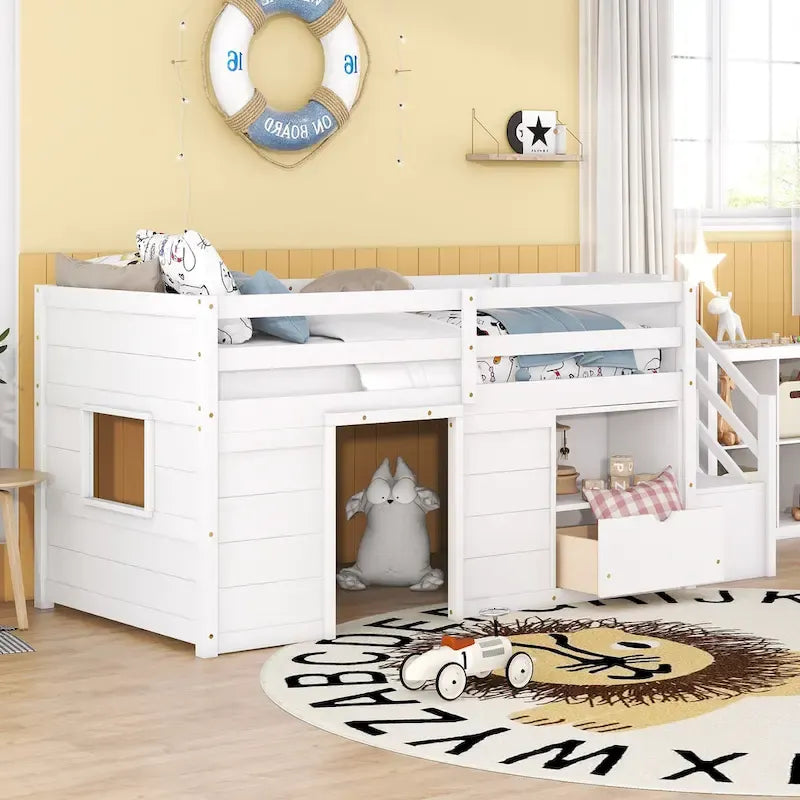 TWIN BED, SOLID WOOD TWIN SIZE LOW LOFT BED WITH STAIR, DRAWER, AND SHELF OF GREY COLOR