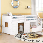 TWIN BED, SOLID WOOD TWIN SIZE LOW LOFT BED WITH STAIR, DRAWER, AND SHELF OF GREY COLOR