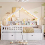 Full Size House Bed Frame with Drawers, House Platform Bed with LED Lights, Storage Shelves & Drawers, Wood Daybed with Roof and Guardrail