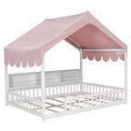 Whisen Full Size Wooden Floor Bed Frame, House-Shaped Daybed with Fense, 3 Storage Bookshelves, Curtain