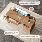 Bestier 55 Smart Computer Desk, Oak Writing Desk with File Drawers and Power Outlet, Executive Office Desk with Open Storage and Keyboard Tray