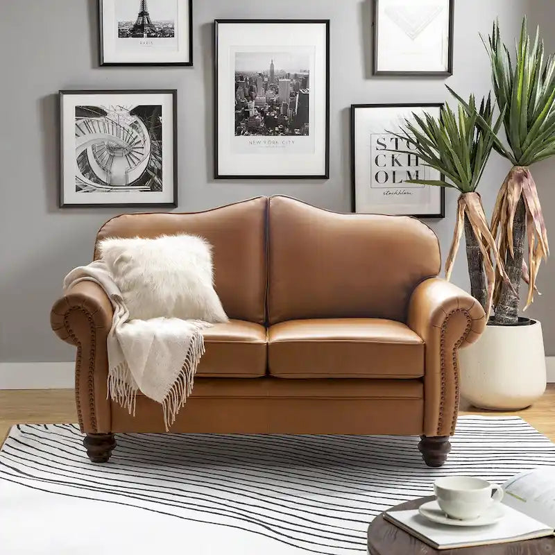 Transitional Genuine Leather Sofa With Tufted Back