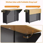 55 Mobile Island Table with Power Outlet & Drop Leaf, Kitchen Rolling Island Kitchen Island Cart with Trash Storage Cabinet for Kitchen