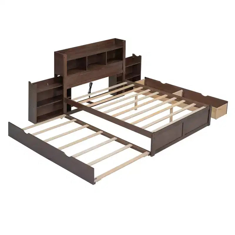 Full Storage Platform Bed with Trundle, Bookcase Headboard and Charging Station, Wooden Full Size Bed Frame with Shelves and Drawers